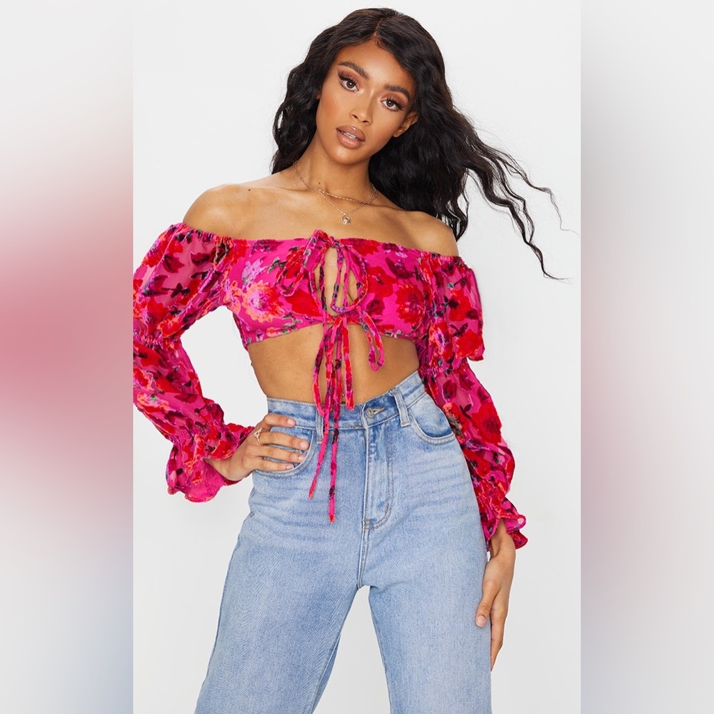 PrettyLittleThing NWT Pink Crop Blouse with Ruffled Sleeves and Tie Front